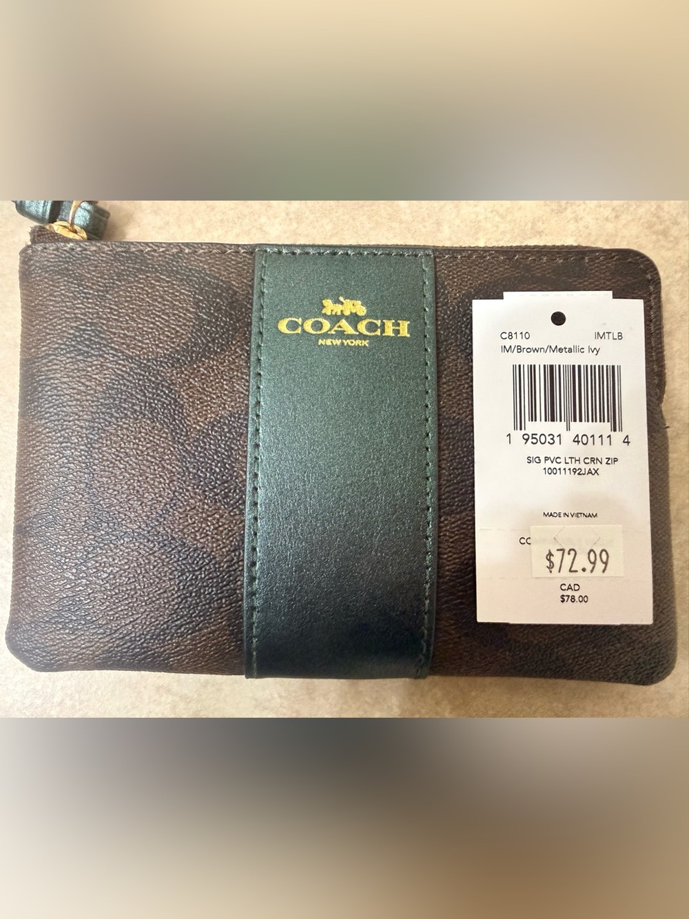 COACH Brown Signature Canvas Card Zip Wallet with Metallic Leather Strap